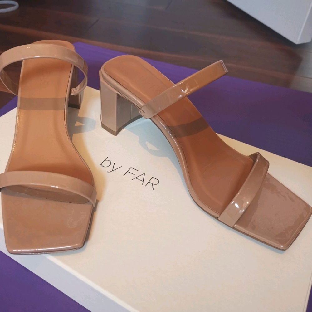 By Far Tan Patent Tanya Heeled Sandals